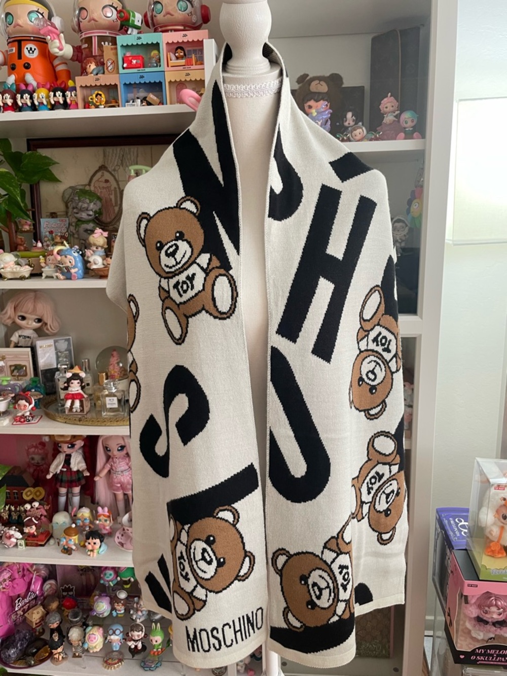 Moschino Teddy Bear Scarf Knit Logo Shawl Brown White